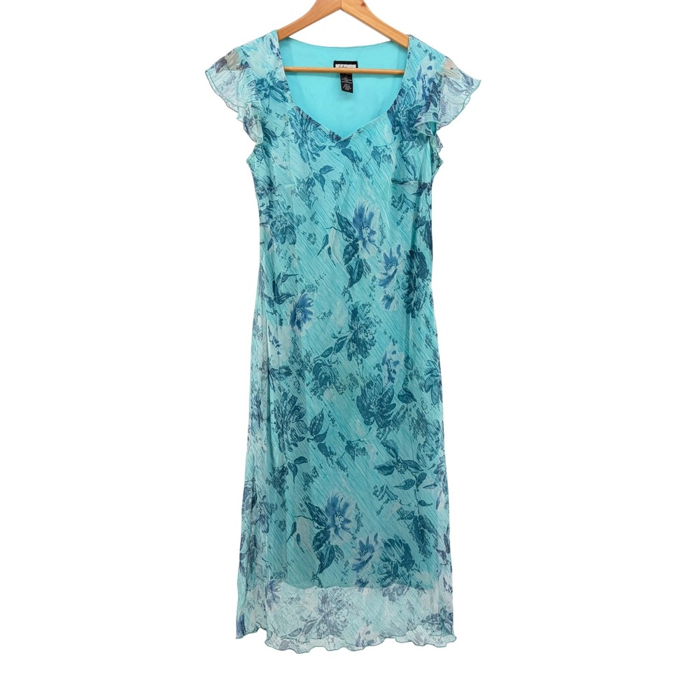 Believe Floral Midi Dress Women 8 Turquoise Y2K Fairy Flutter Sleeve Cottagecore